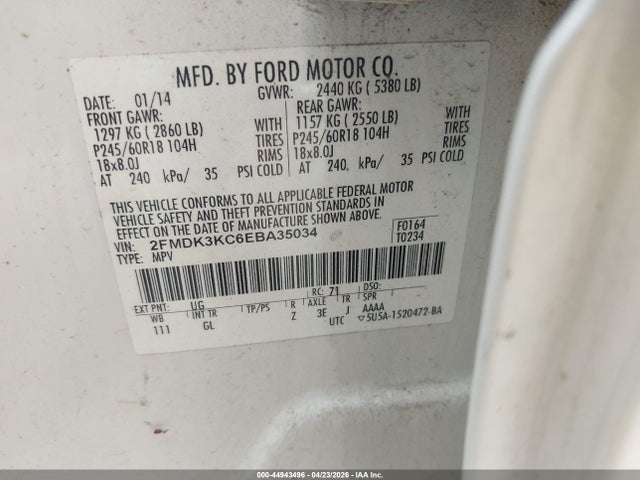 44943496 :رقم المزاد ، 2FMDK3KC6EBA35034 vin ، 2014 Ford Edge Limited مزاد بيع