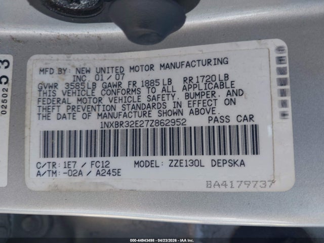 Aukcja sprzedaży 2007 Toyota Corolla S, vin: 1NXBR32E27Z862952, numer aukcji: 44943498