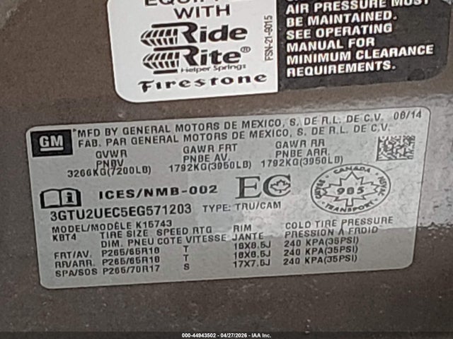 Aukcja sprzedaży 2014 Gmc Sierra 1500 Sle, vin: 3GTU2UEC5EG571203, numer aukcji: 44943502