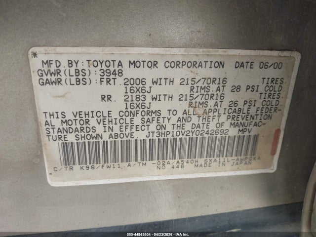44943504 :رقم المزاد ، JT3HP10V2Y0242692 vin ، 2000 Toyota Rav4 مزاد بيع