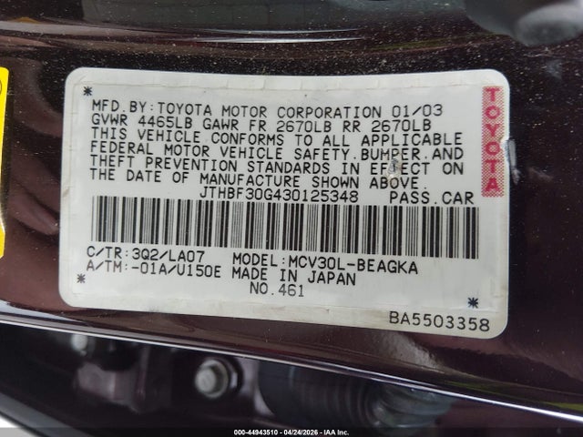 Продажа на аукционе авто 2003 Lexus Es 300, vin: JTHBF30G430125348, номер лота: 44943510