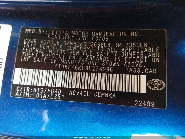 2009 Toyota Camry მანქანა იყიდება აუქციონზე, vin: 4T1BE46K09U276996, აუქციონის ნომერი: 44943512