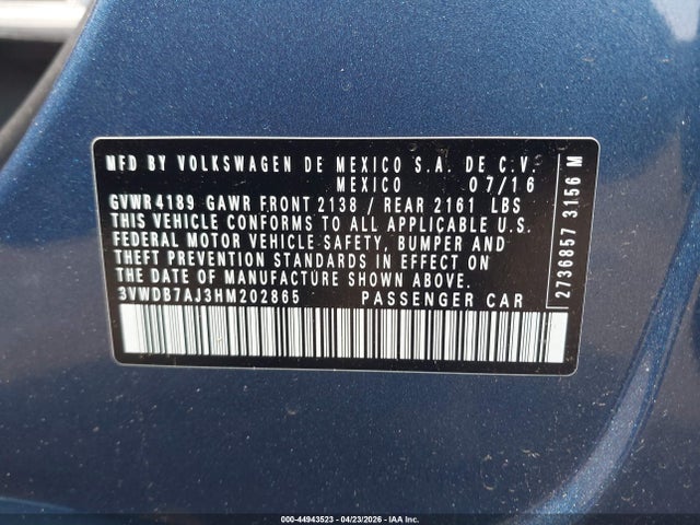 2017 Volkswagen Jetta 1.4t Se მანქანა იყიდება აუქციონზე, vin: 3VWDB7AJ3HM202865, აუქციონის ნომერი: 44943523