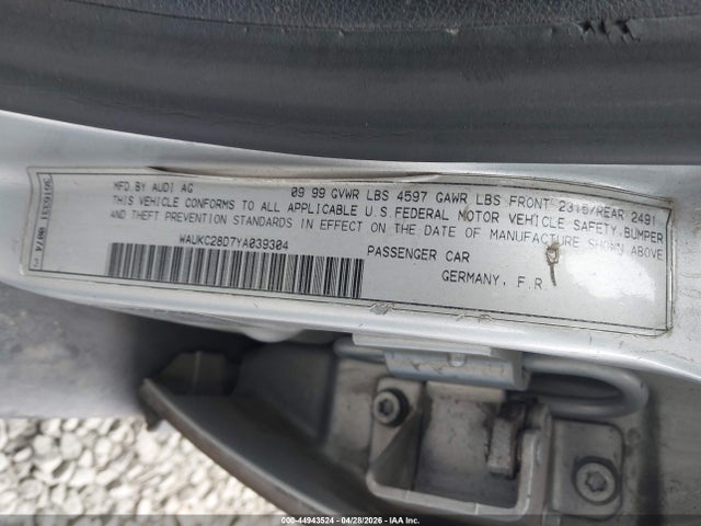 Продаж на аукціоні авто 2000 Audi A4 1.8t Avant/1.8t Avant (m5), vin: WAUKC28D7YA039304, номер лоту: 44943524