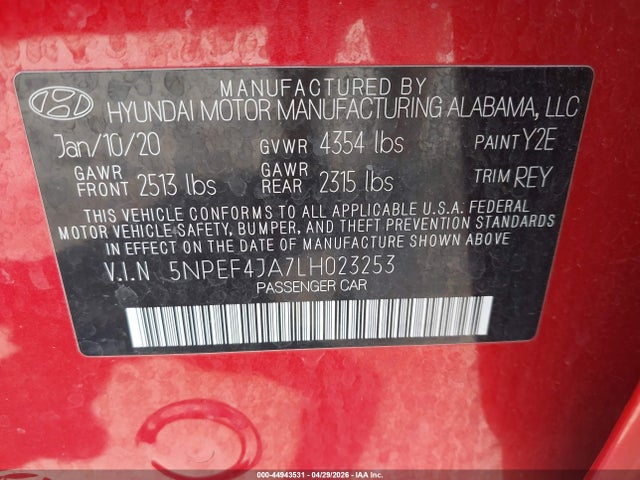 2020 Hyundai Sonata Sel მანქანა იყიდება აუქციონზე, vin: 5NPEF4JA7LH023253, აუქციონის ნომერი: 44943531