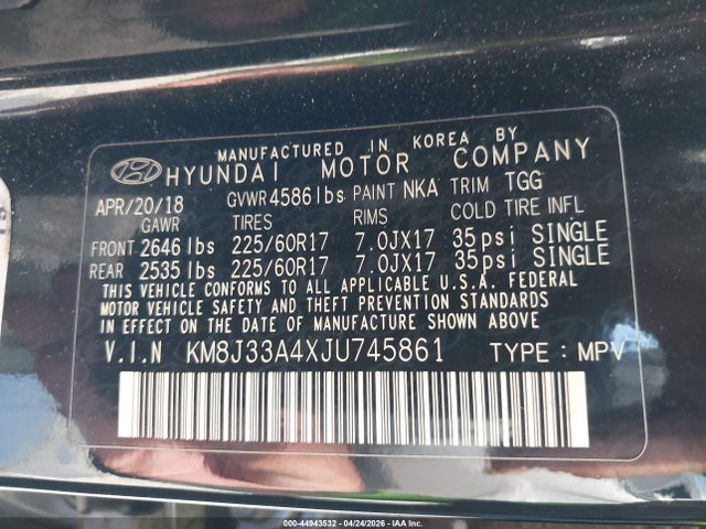 Aukcja sprzedaży 2018 Hyundai Tucson Sel, vin: KM8J33A4XJU745861, numer aukcji: 44943532