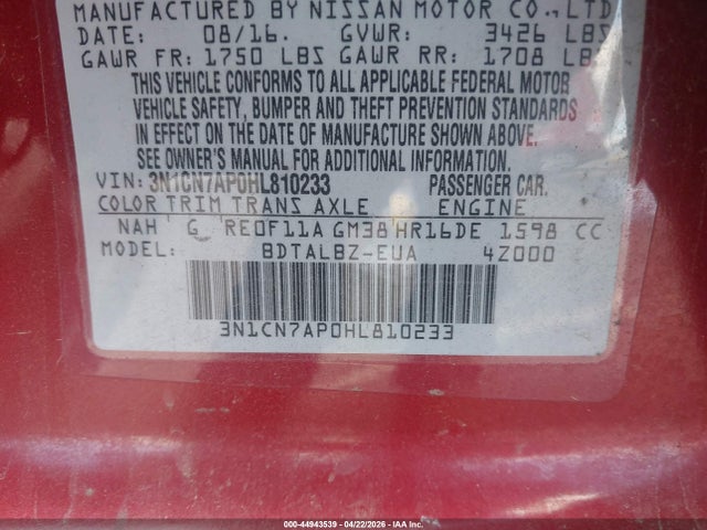 3N1CN7AP0HL810233 Nissan Versa 1.6 S/1.6 S+/1.6 Sl/1.6 Sv