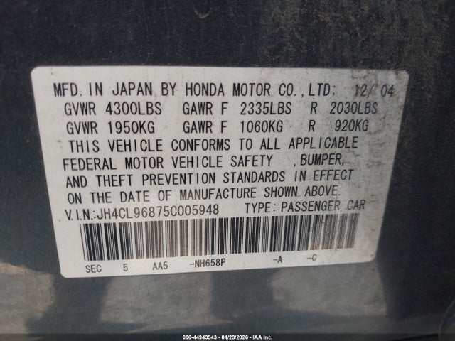 Продаж на аукціоні авто 2005 Acura Tsx, vin: JH4CL96875C005948, номер лоту: 44943543