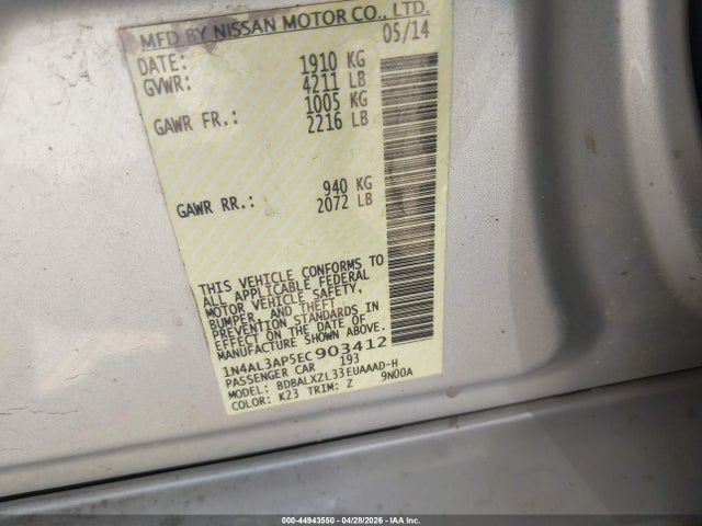 44943550 :رقم المزاد ، 1N4AL3AP5EC903412 vin ، 2014 Nissan Altima 2.5 Sl مزاد بيع