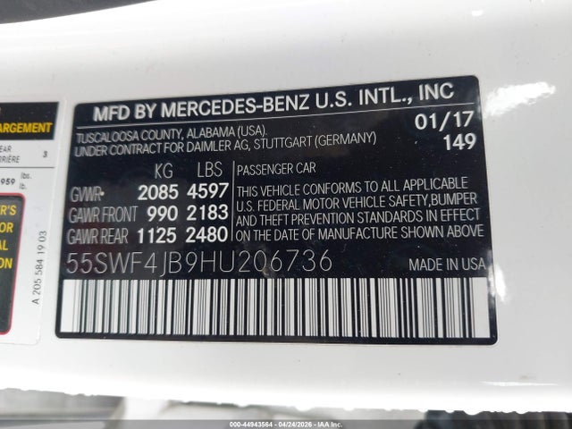 Продаж на аукціоні авто 2017 Mercedes-benz C 300, vin: 55SWF4JB9HU206736, номер лоту: 44943564