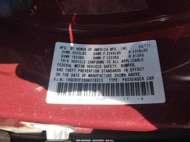 Aukcja sprzedaży 2017 Honda Accord Lx, vin: 1HGCR2F35HA219513, numer aukcji: 44943568