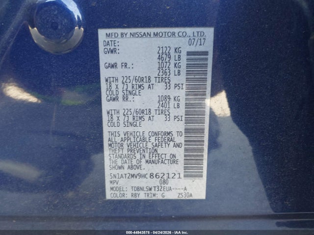 Aukcja sprzedaży 2017 Nissan Rogue Sl, vin: 5N1AT2MV9HC862121, numer aukcji: 44943578