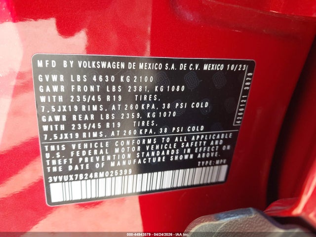Aukcja sprzedaży 2024 Volkswagen Taos 1.5t Se, vin: 3VVUX7B24RM025399, numer aukcji: 44943579