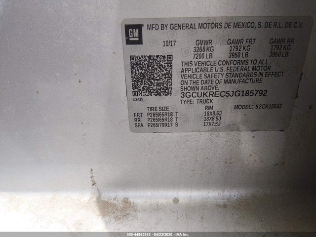44943582 :رقم المزاد ، 3GCUKREC5JG185792 vin ، 2018 Chevrolet Silverado 1500 2lt مزاد بيع