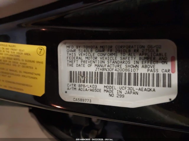 Aukcja sprzedaży 2002 Lexus Ls 430, vin: JTHBN30F420086107, numer aukcji: 44943605