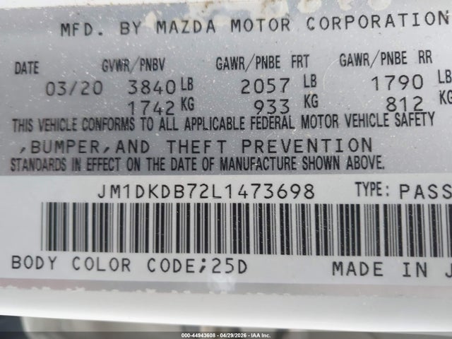 Продаж на аукціоні авто 2020 Mazda Cx-3 Sport, vin: JM1DKDB72L1473698, номер лоту: 44943608