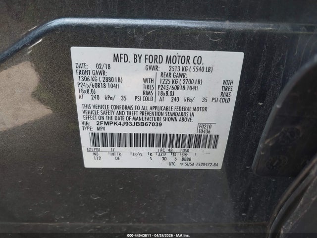 44943611 :رقم المزاد ، 2FMPK4J93JBB67039 vin ، 2018 Ford Edge Sel مزاد بيع