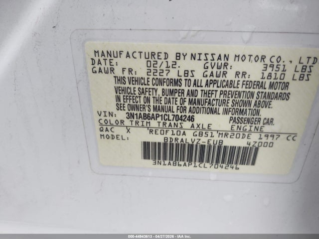 Продаж на аукціоні авто 2012 Nissan Sentra 2.0/2.0s/sr/2.0sl, vin: 3N1AB6AP1CL704246, номер лоту: 44943613