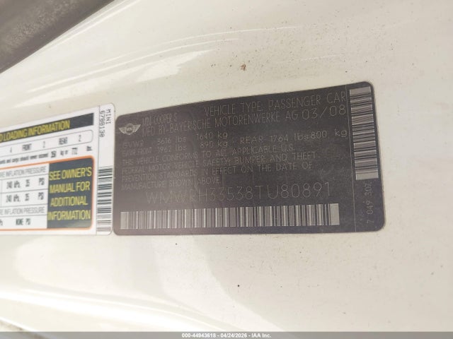 44943618 :رقم المزاد ، WMWRH33538TU80891 vin ، 2008 Mini Cooper S مزاد بيع