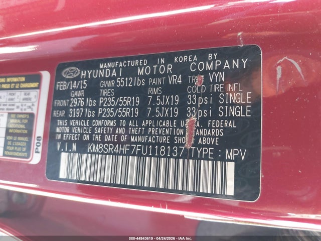 Продаж на аукціоні авто 2015 Hyundai Santa Fe Gls, vin: KM8SR4HF7FU118137, номер лоту: 44943619
