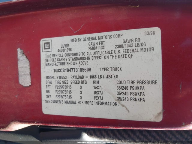 Aukcja sprzedaży 1996 Chevrolet S Truck S10, vin: 1GCCS1947T8185608, numer aukcji: 44943628