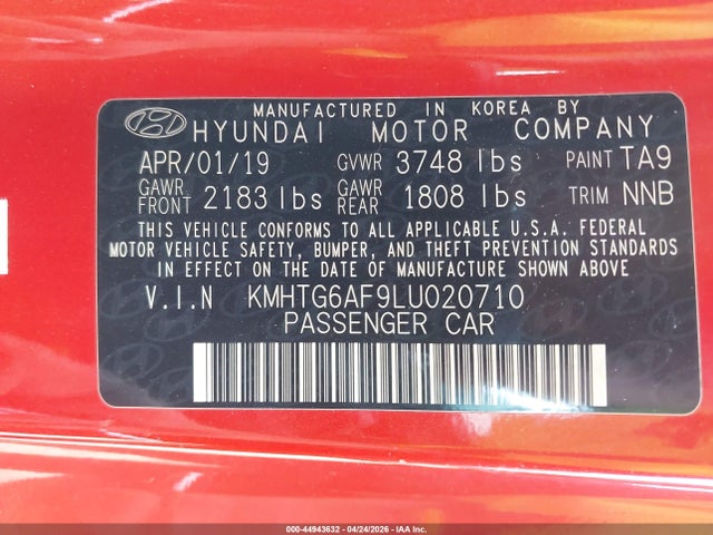 Auction sale of the 2020 Hyundai Veloster 2.0, vin: KMHTG6AF9LU020710, lot number: 44943632