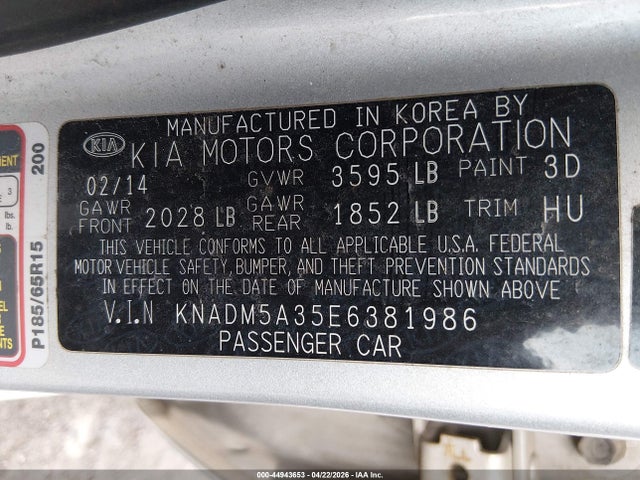 2014 Kia Rio Lx მანქანა იყიდება აუქციონზე, vin: KNADM5A35E6381986, აუქციონის ნომერი: 44943653