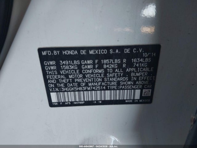 Aukcja sprzedaży 2015 Honda Fit Ex/ex-l, vin: 3HGGK5H83FM742514, numer aukcji: 44943667