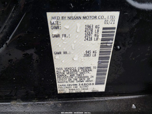 Aukcja sprzedaży 2021 Nissan Altima S Fwd, vin: 1N4BL4BV4MN348088, numer aukcji: 44943668