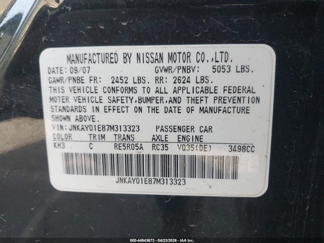 2007 Infiniti M35 Sport მანქანა იყიდება აუქციონზე, vin: JNKAY01E87M313323, აუქციონის ნომერი: 44943673