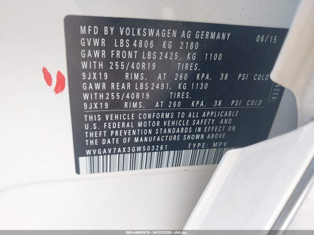 Aukcja sprzedaży 2016 Volkswagen Tiguan R-line, vin: WVGAV7AX3GW503261, numer aukcji: 44943676