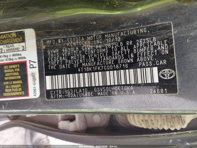 Aukcja sprzedaży 2012 Toyota Camry Xle V6, vin: 4T1BK1FK7CU018716, numer aukcji: 44943682