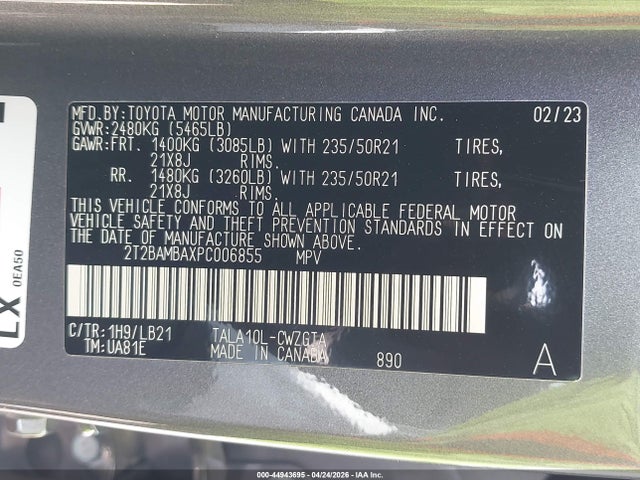 44943695 :رقم المزاد ، 2T2BAMBAXPC006855 vin ، 2023 Lexus Rx 350 Premium Plus مزاد بيع