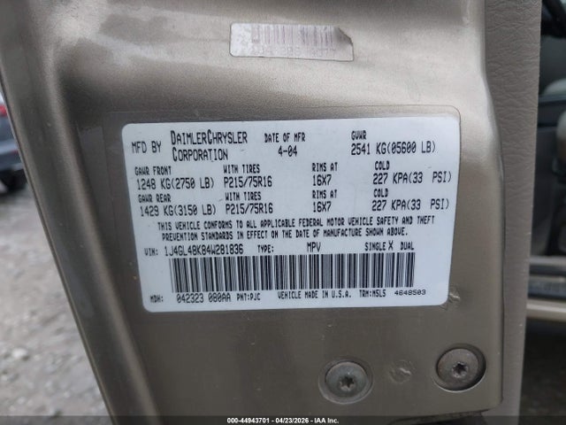 44943701 :رقم المزاد ، 1J4GL48K84W281836 vin ، 2004 Jeep Liberty Sport مزاد بيع