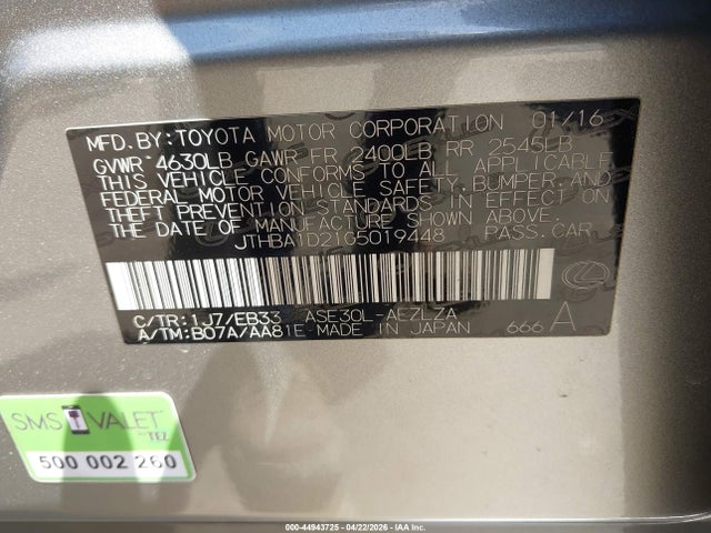 Продажа на аукционе авто 2016 Lexus Is 200t, vin: JTHBA1D21G5019448, номер лота: 44943725