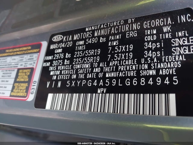 2020 Kia Sorento 3.3l S მანქანა იყიდება აუქციონზე, vin: 5XYPG4A59LG684945, აუქციონის ნომერი: 44943729