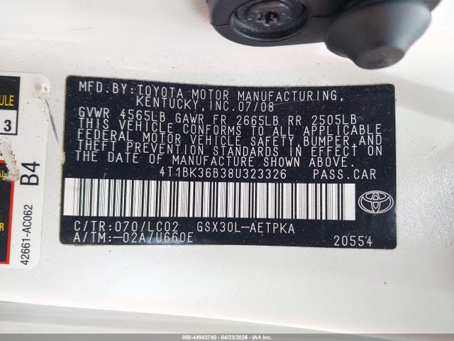 2008 Toyota Avalon Limited მანქანა იყიდება აუქციონზე, vin: 4T1BK36B38U323326, აუქციონის ნომერი: 44943740