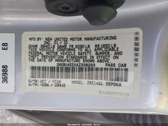 Продаж на аукціоні авто 2010 Toyota Corolla Le, vin: 1NXBU4EEXAZ338293, номер лоту: 44943752