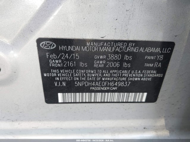 Aukcja sprzedaży 2015 Hyundai Elantra Se, vin: 5NPDH4AE0FH649837, numer aukcji: 44943758
