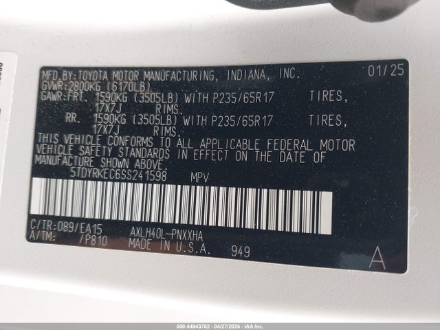 Aukcja sprzedaży 2025 Toyota Sienna Xle, vin: 5TDYRKEC6SS241598, numer aukcji: 44943762