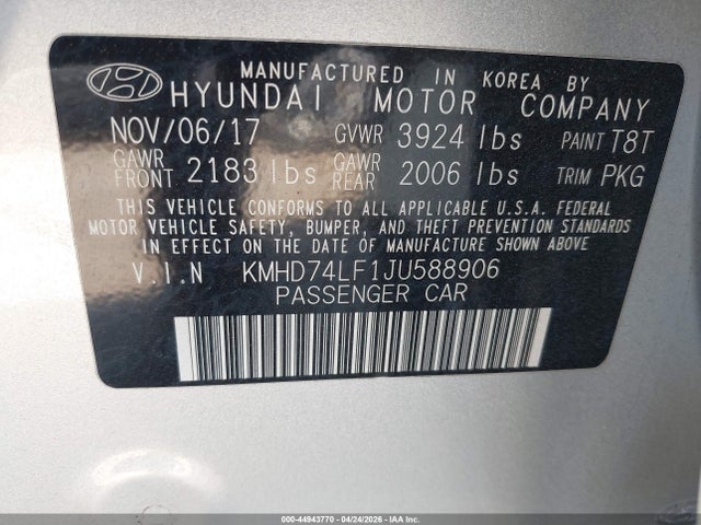Продажа на аукционе авто 2018 Hyundai Elantra Se, vin: KMHD74LF1JU588906, номер лота: 44943770