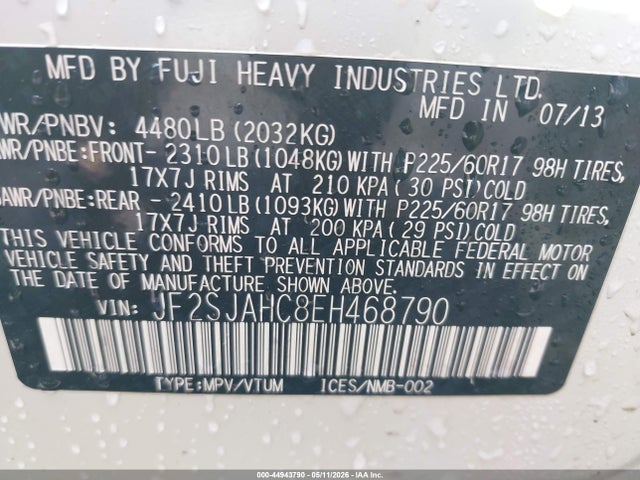 2014 Subaru Forester 2.5i Limited მანქანა იყიდება აუქციონზე, vin: JF2SJAHC8EH468790, აუქციონის ნომერი: 44943790