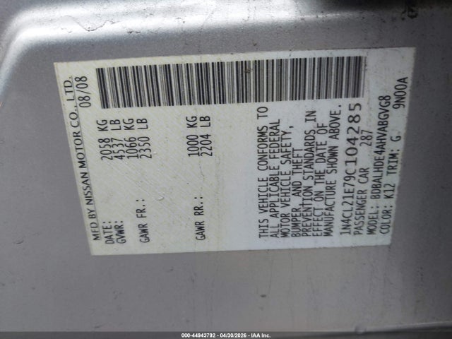 Aukcja sprzedaży 2009 Nissan Altima Hybrid, vin: 1N4CL21E79C104285, numer aukcji: 44943792