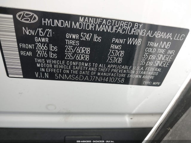 44943805 :رقم المزاد ، 5NMS6DAJ7NH410758 vin ، 2022 Hyundai Santa Fe Xrt مزاد بيع