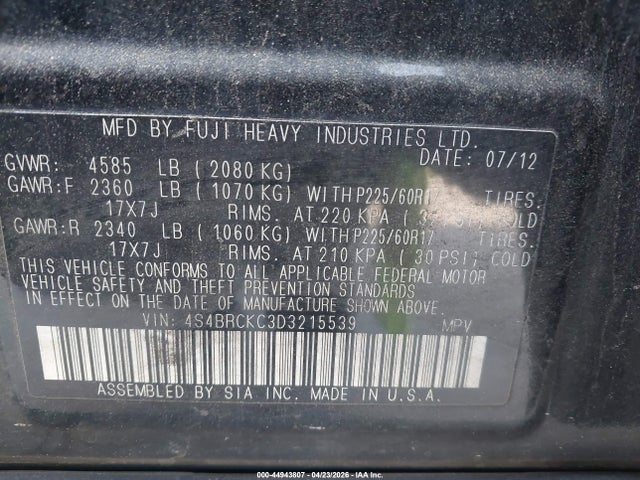 2013 Subaru Outback 2.5i Limited მანქანა იყიდება აუქციონზე, vin: 4S4BRCKC3D3215539, აუქციონის ნომერი: 44943807