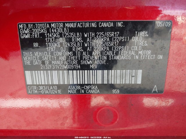 Продажа на аукционе авто 2009 Toyota Rav4 Limited, vin: 2T3ZF31V29W009194, номер лота: 44943810