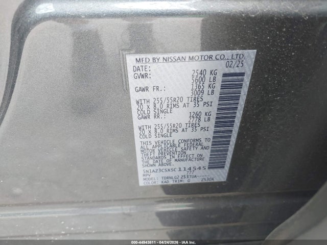 2025 Nissan Murano Sl მანქანა იყიდება აუქციონზე, vin: 5N1AZ3CSXSC114545, აუქციონის ნომერი: 44943811