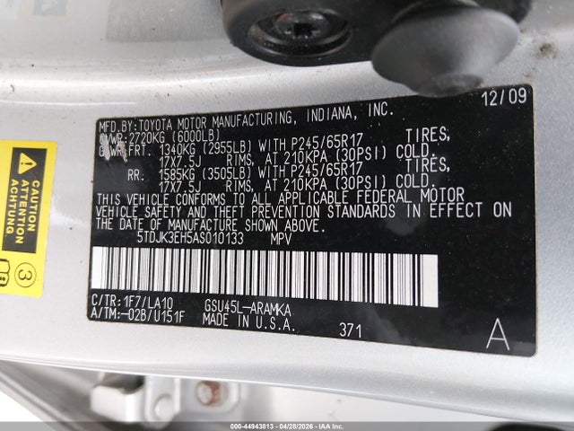 44943813 :رقم المزاد ، 5TDJK3EH5AS010133 vin ، 2010 Toyota Highlander Se V6 مزاد بيع
