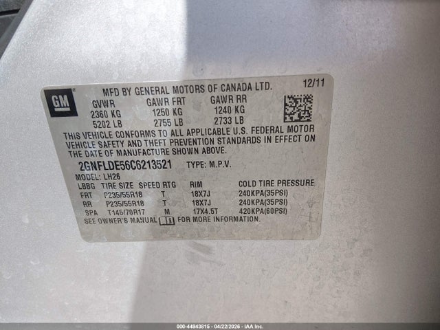 2012 Chevrolet Equinox 1lt მანქანა იყიდება აუქციონზე, vin: 2GNFLDE56C6213521, აუქციონის ნომერი: 44943815