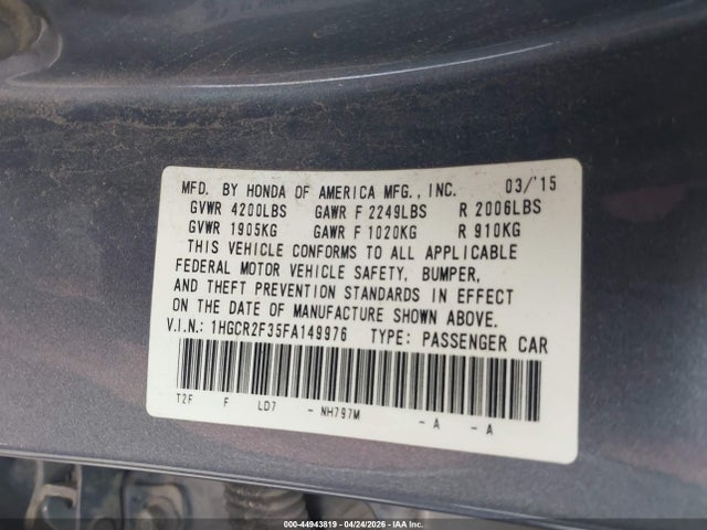 2015 Honda Accord Lx მანქანა იყიდება აუქციონზე, vin: 1HGCR2F35FA149976, აუქციონის ნომერი: 44943819